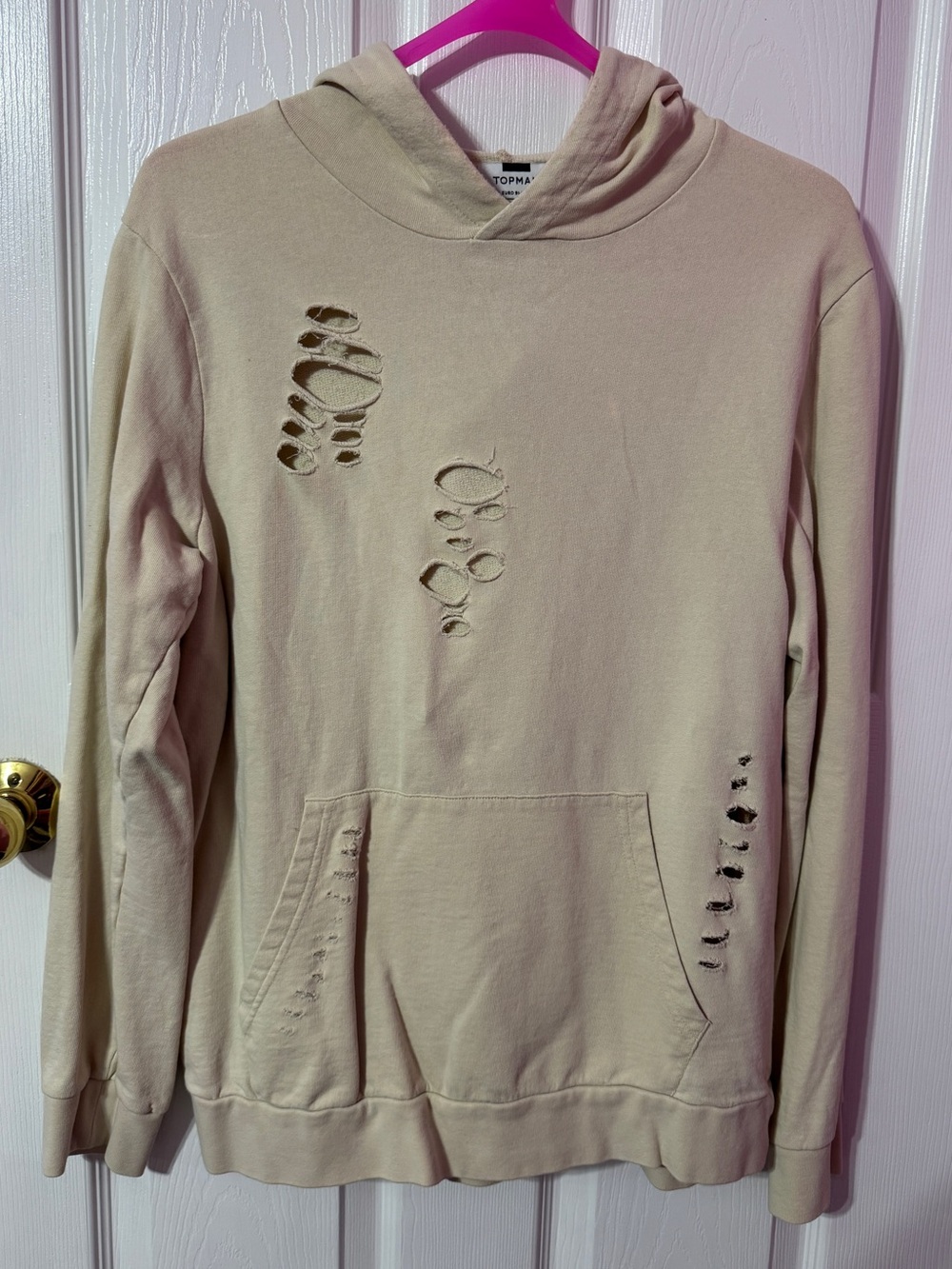 Topman Distressed Off White Scoop-Neck Hoodie